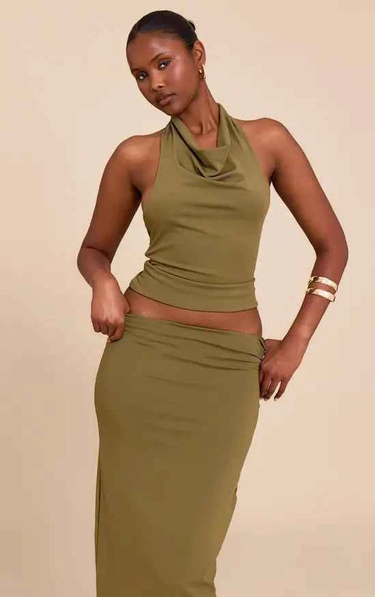 PrettyLittleThing Matte Sculpt Halterneck Gold Detail Backless Top Co-ord
