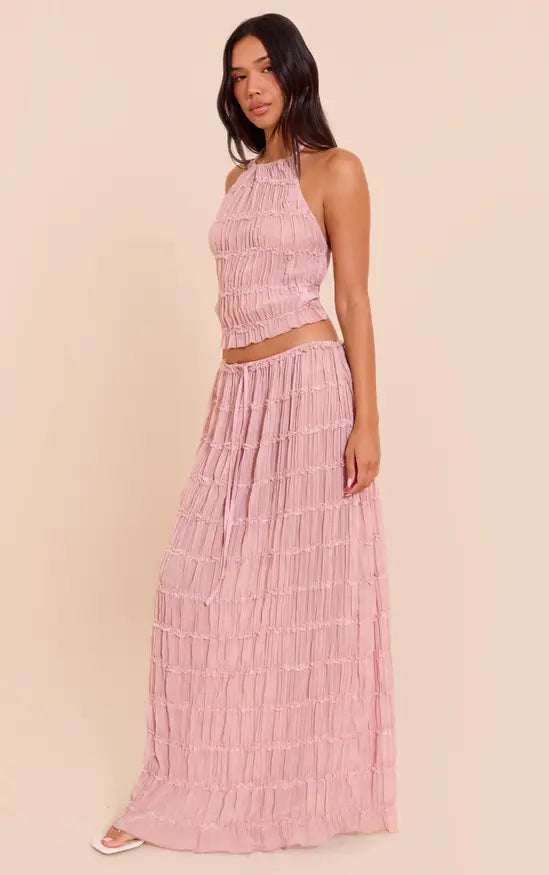 Plt - Mauve Chiffon Ruched Frill Detail Tiered Maxi Skirt Co-ord
