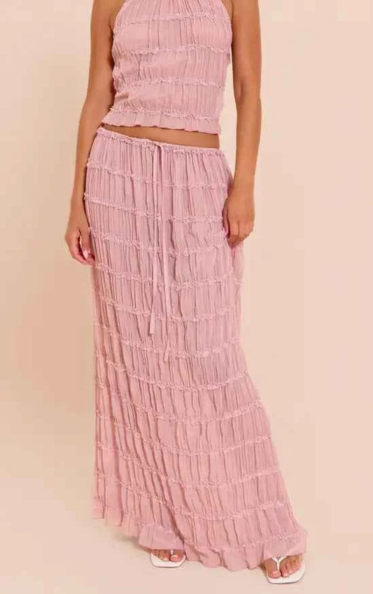 Plt - Mauve Chiffon Ruched Frill Detail Tiered Maxi Skirt Co-ord