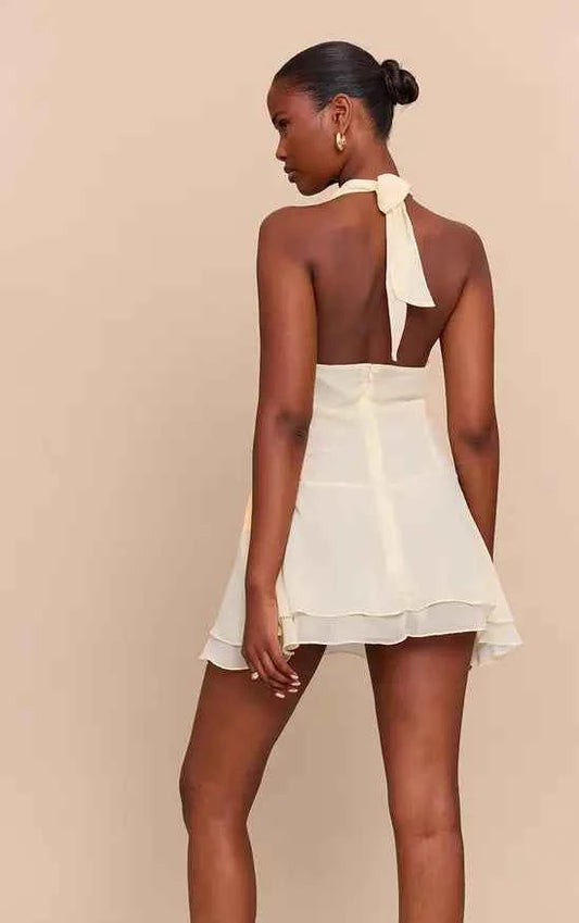 Plt - Almond Chiffon Cowl Neck Ruched Mini Dress
