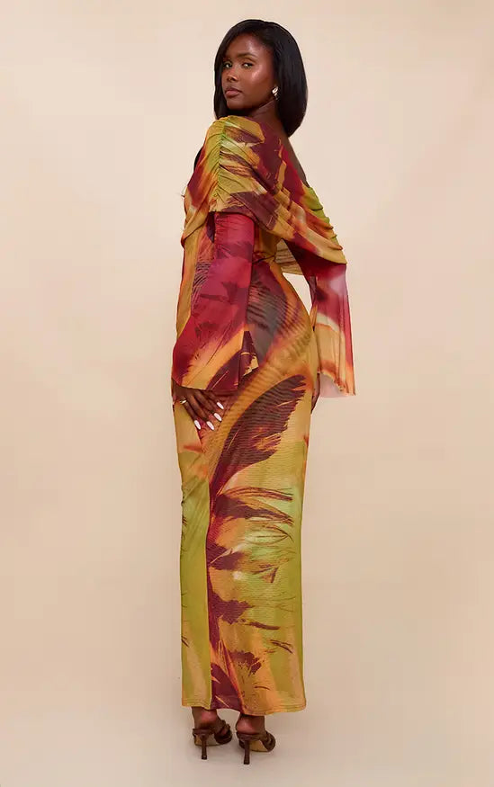 Plt - Orange Lined Mesh Long Sleeve Maxi Dress