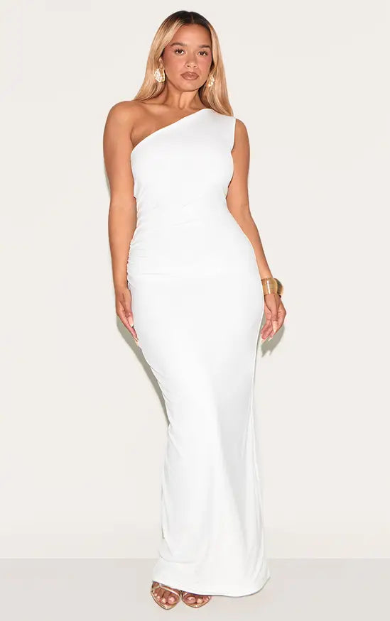 Plt - Shape White One Shoulder Ruched Side Maxi Dress