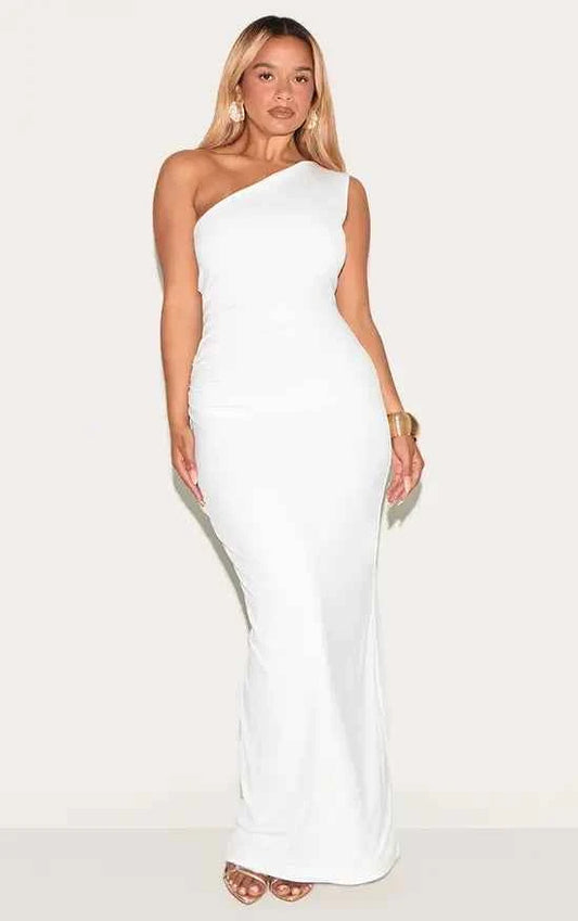 Plt - Shape White One Shoulder Ruched Side Maxi Dress