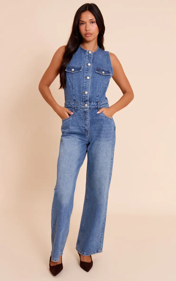 PrettyLittleThing Sleeveless Shirt Style Denim Jumpsuit