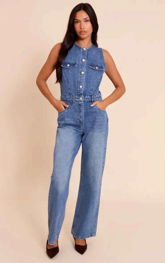 PrettyLittleThing Sleeveless Shirt Style Denim Jumpsuit
