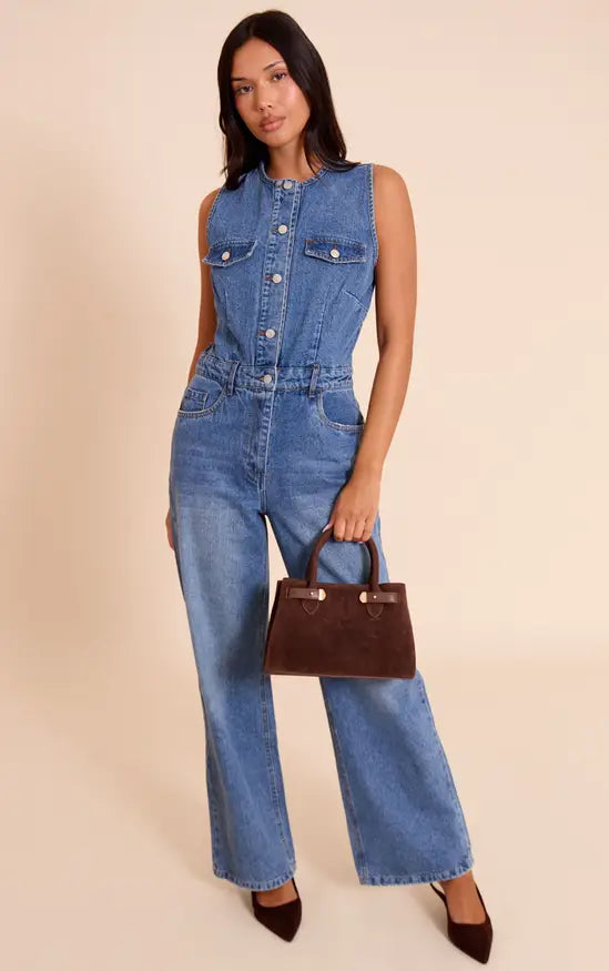 PrettyLittleThing Sleeveless Shirt Style Denim Jumpsuit