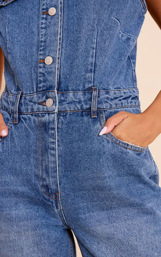 PrettyLittleThing Sleeveless Shirt Style Denim Jumpsuit