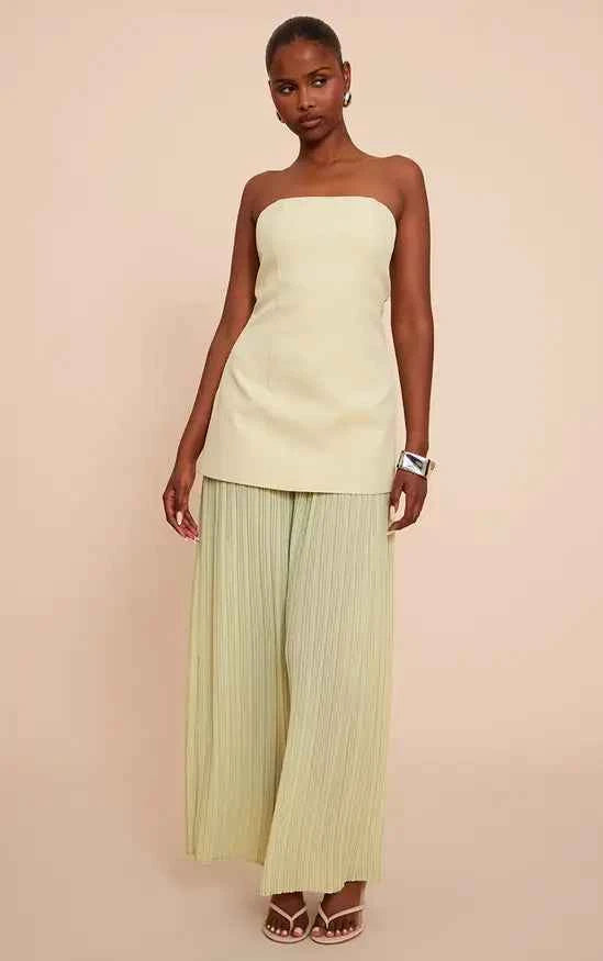 Plt - Sage Green Chiffon Pleated Skirt Panel Bandeau Maxi Dress