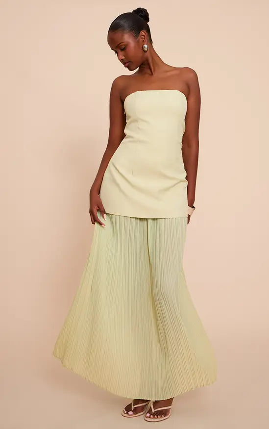 Plt - Sage Green Chiffon Pleated Skirt Panel Bandeau Maxi Dress
