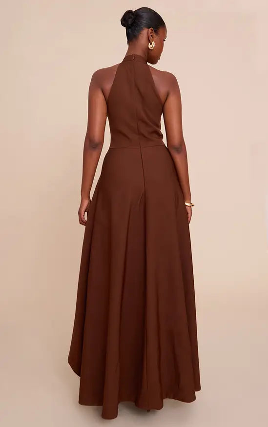 Plt CHOCOLATE WOVEN HALTERNECK PLEATED UNDERLAY MAXI DRESS