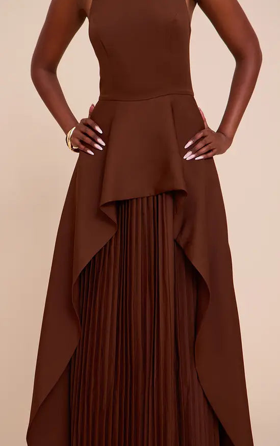 Plt CHOCOLATE WOVEN HALTERNECK PLEATED UNDERLAY MAXI DRESS
