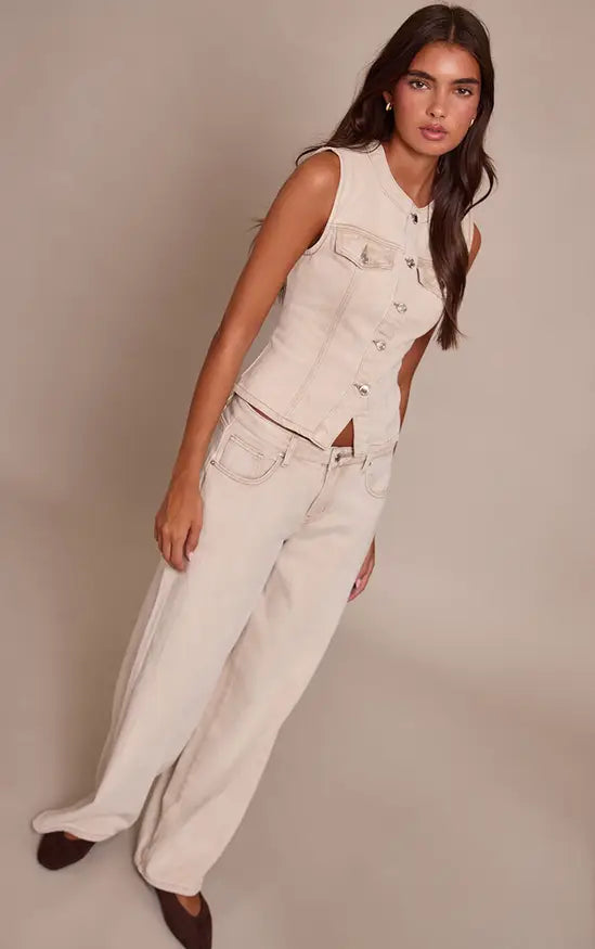 Plt - Stone Mid Waist Wide Leg Jeans