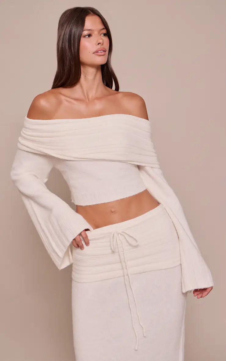 PrettyLittleThing Rib Soft Knit Bardot Top