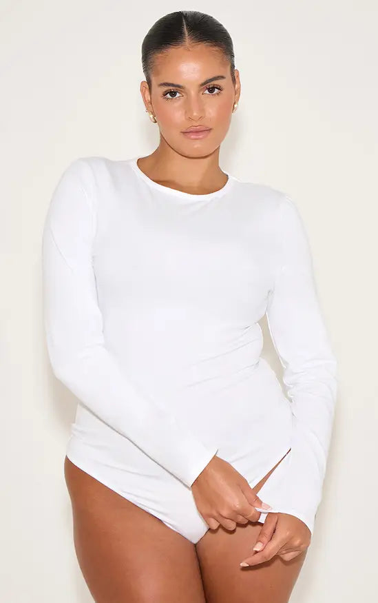 Plt - Plus White Cotton Crew Neck Long Sleeve Bodysuit
