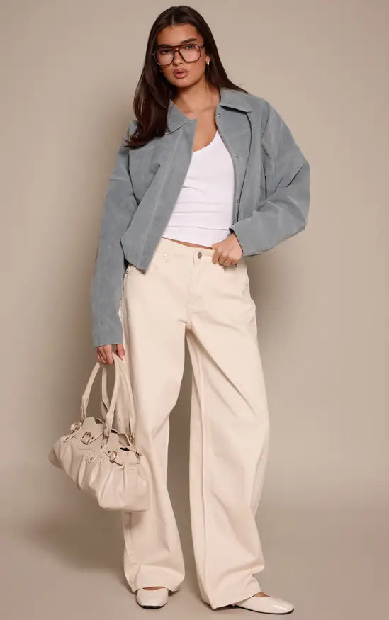 Plt - Dusty Blue Faux Suede Covered Placket Bomber Jacket