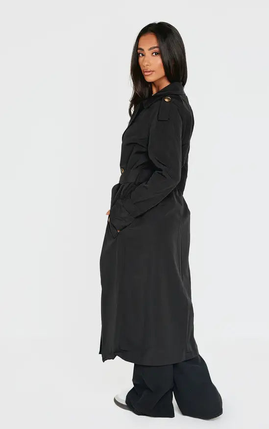 Plt Petite Black Tie Waist Trench Coat