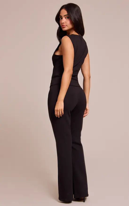 Plt - Petite Black Interlock Seam Detail Flare Trousers