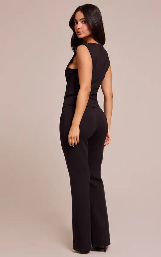 Plt - Petite Black Interlock Seam Detail Flare Trousers