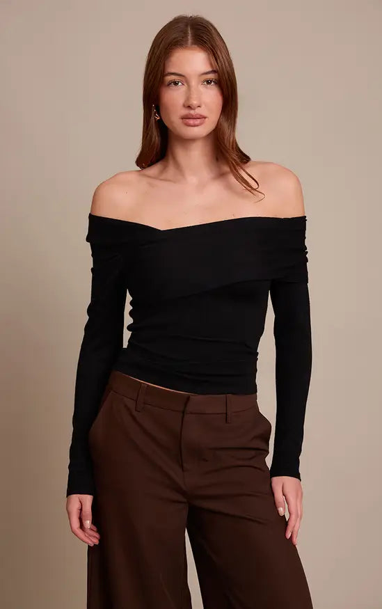 Plt - Black Long Sleeve Asymmetric Shoulder Knitted Top