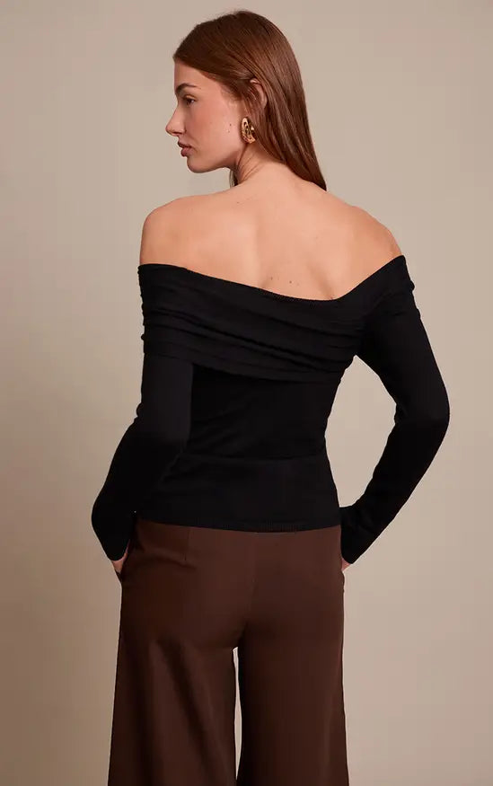Plt - Black Long Sleeve Asymmetric Shoulder Knitted Top
