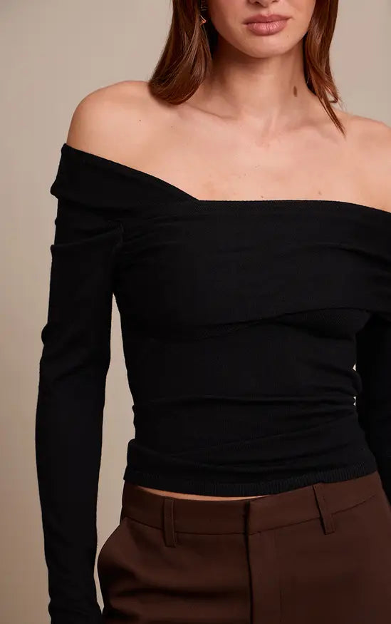 Plt - Black Long Sleeve Asymmetric Shoulder Knitted Top