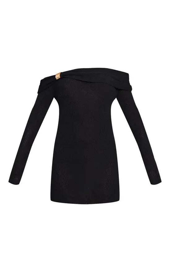Plt - Black Bardot Trim Detail Knitted Dress
