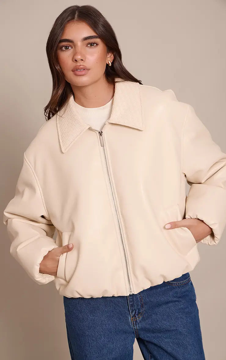 Prettylittlethung Butter Yellow Quilted Collar Faux Leather Bomber
