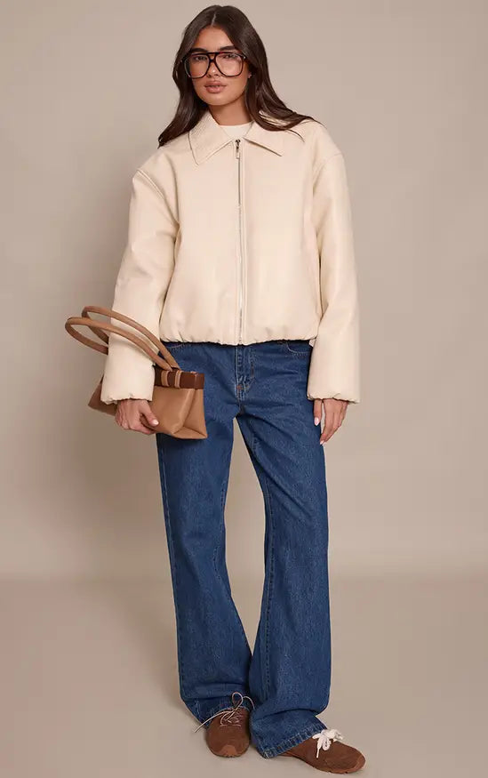 Prettylittlethung Butter Yellow Quilted Collar Faux Leather Bomber