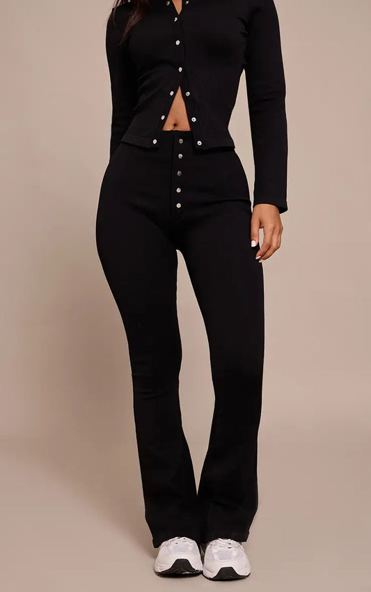 Plt - Petite Black Faded Contour Rib Button Detail Flare Leggings