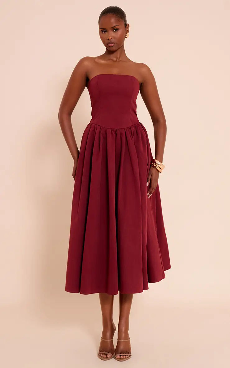 Plt - Burgundy Woven Bandeau Ruched Skater Midaxi Dress