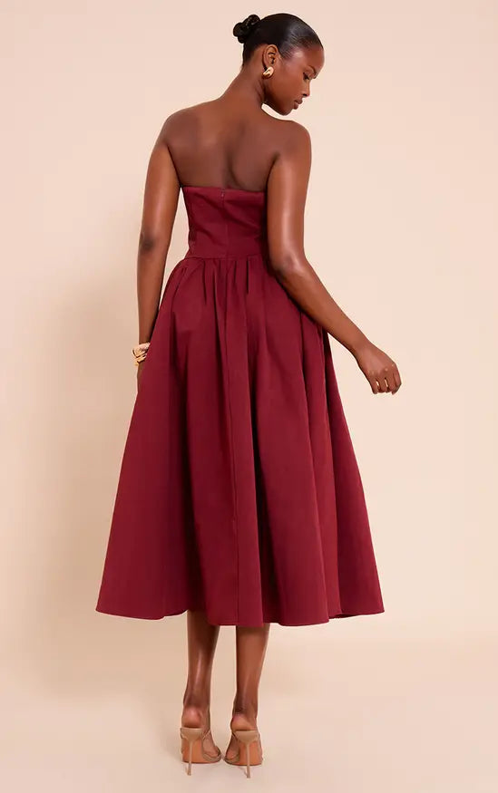 Plt - Burgundy Woven Bandeau Ruched Skater Midaxi Dress