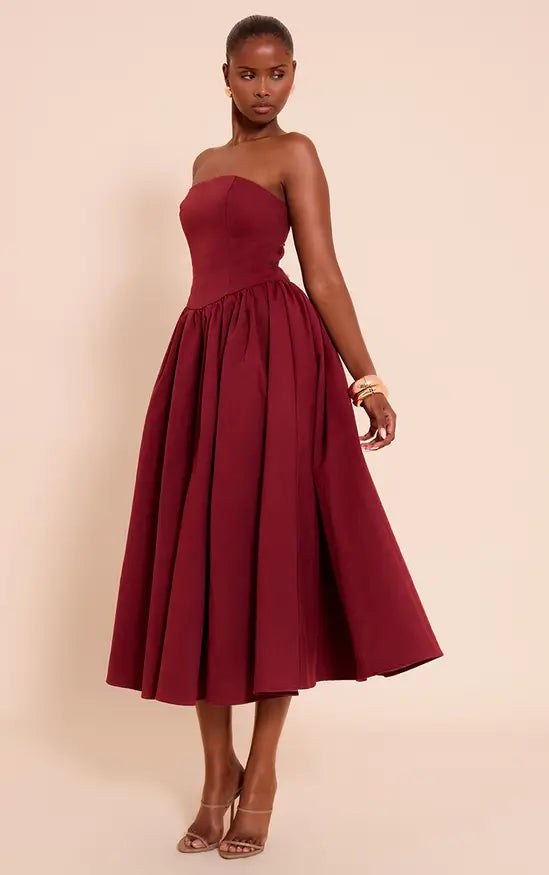 Plt - Burgundy Woven Bandeau Ruched Skater Midaxi Dress