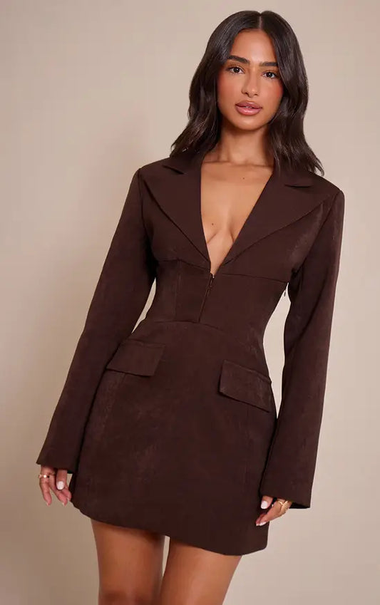 Plt - Petite Chocolate Hook And Eye Fitted Blazer Dress