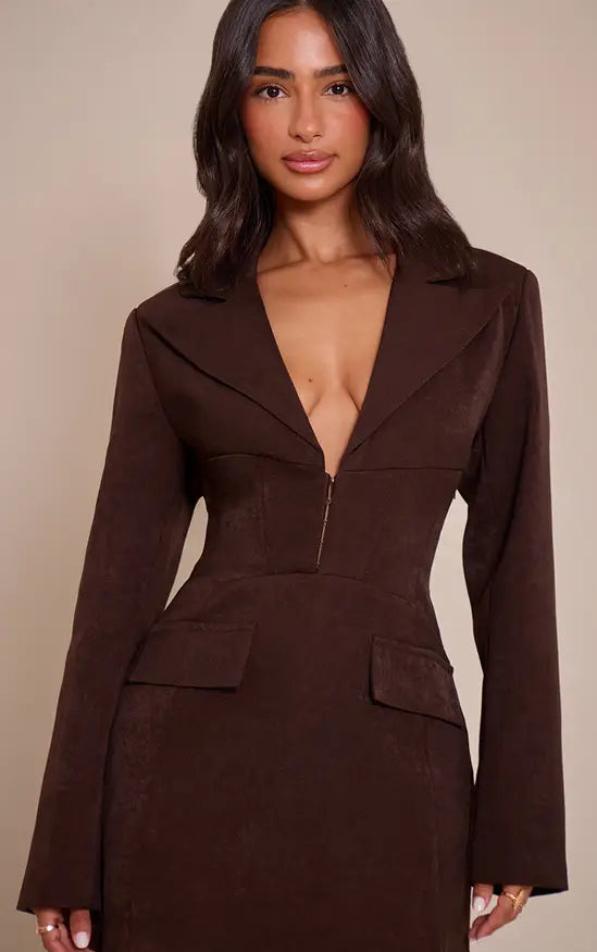 Plt - Petite Chocolate Hook And Eye Fitted Blazer Dress