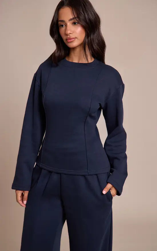 Plt - Petite Navy Long Sleeve Waist Cinched Sweatshirt