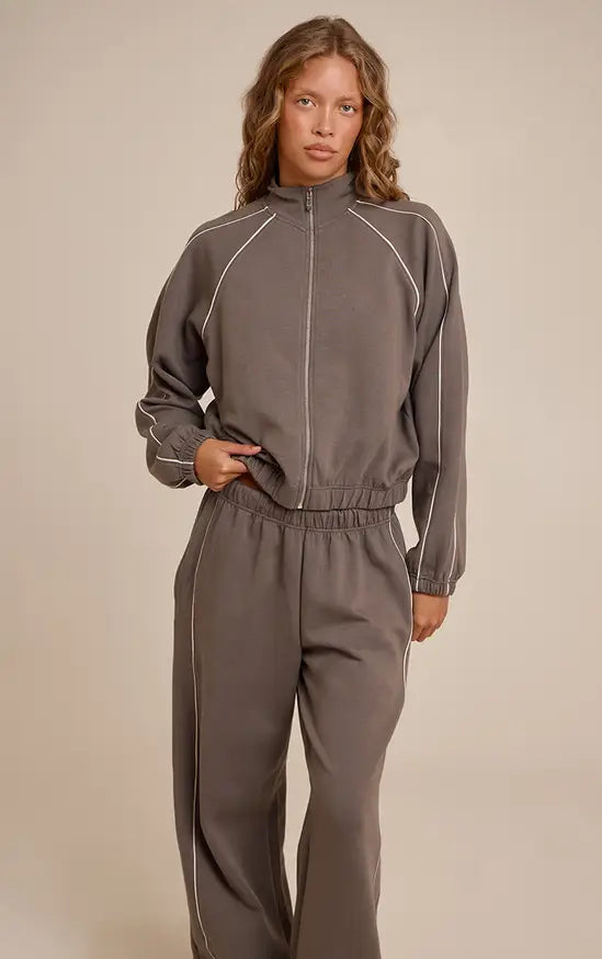 Charcoal Interlock Contrast Piping Bomber Sweatshirt