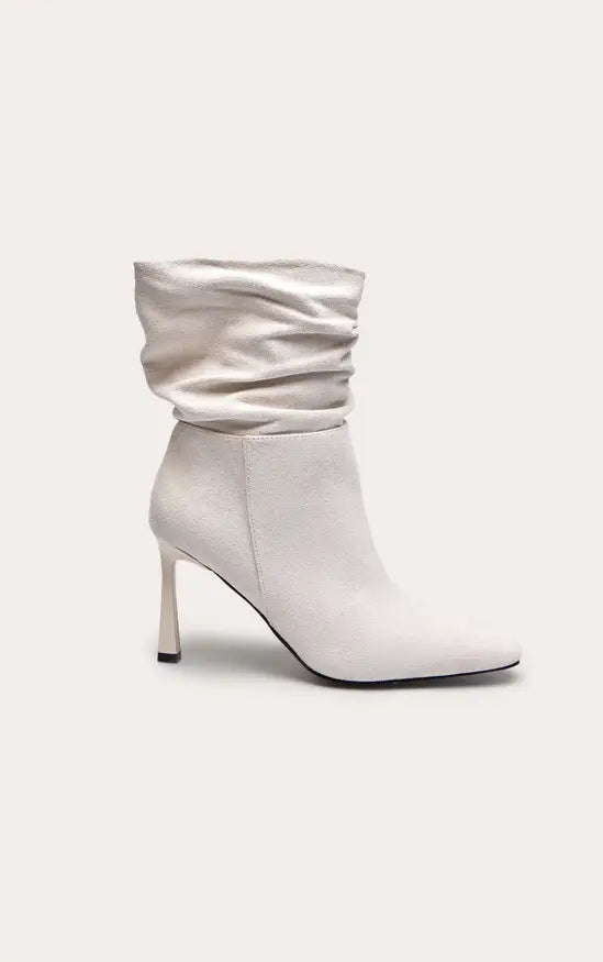 Plt - Cream Faux Suede Ruched Chiseled Toe Ankle Boots