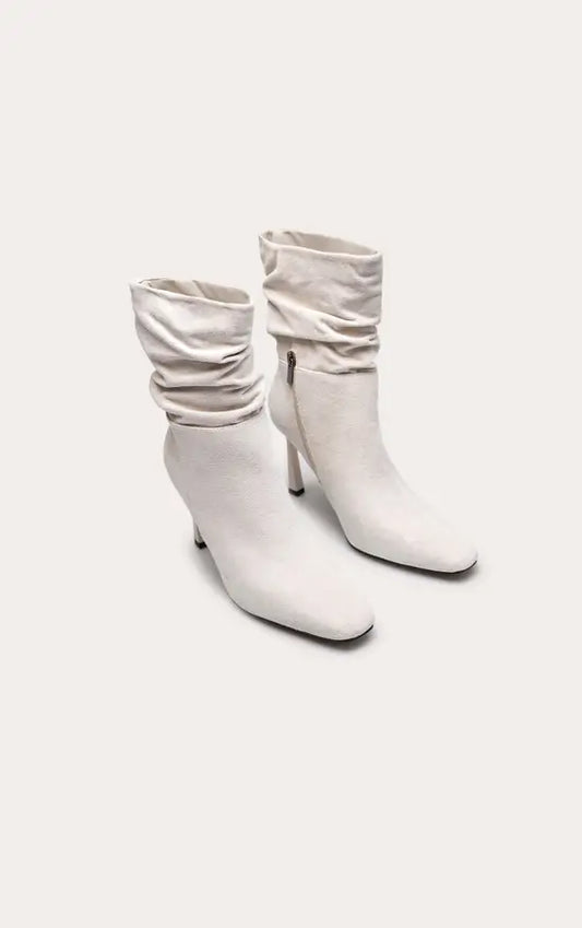 Plt - Cream Faux Suede Ruched Chiseled Toe Ankle Boots