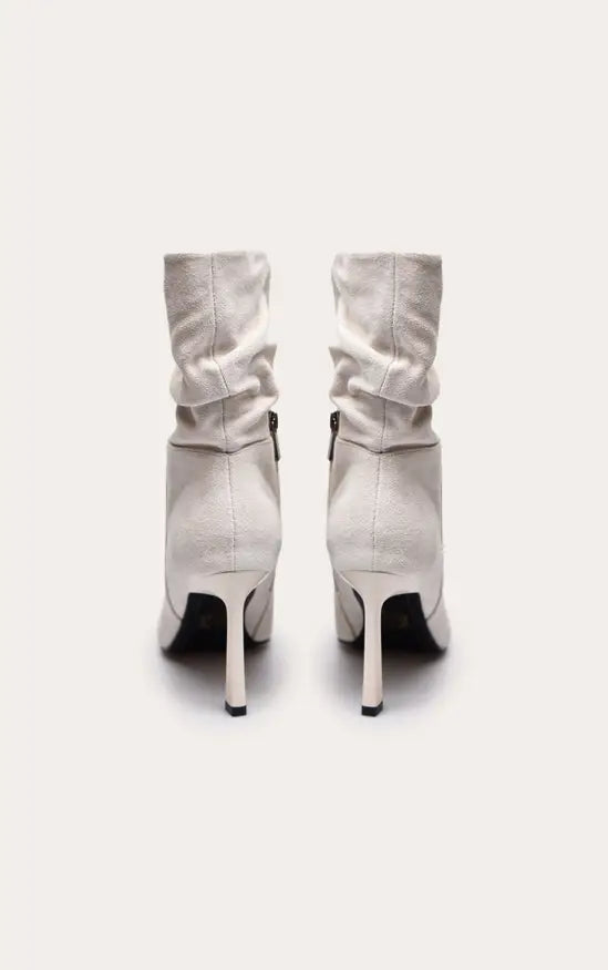 Plt - Cream Faux Suede Ruched Chiseled Toe Ankle Boots