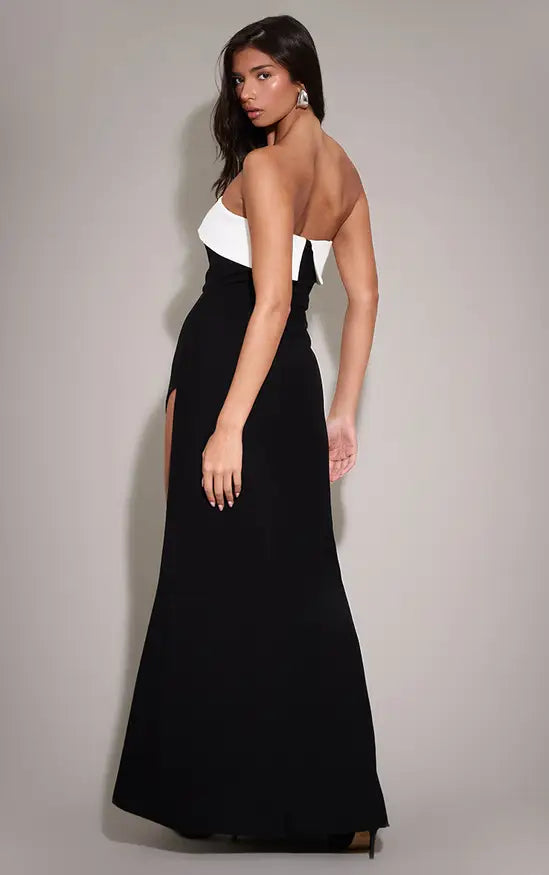 Plt - Black Contrast Bandeau High Split Maxi Dress