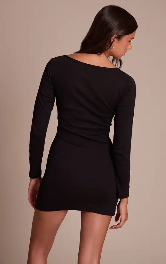Black Ribbed Boat Neck Long Sleeve Bodycon Dress