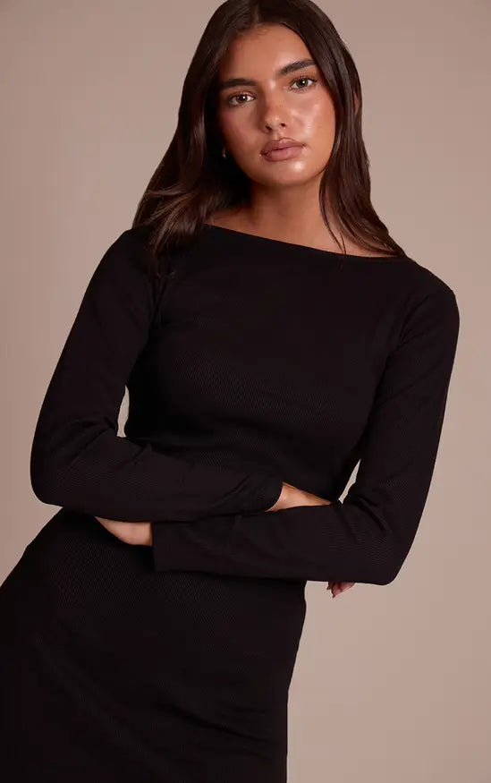 Black Ribbed Boat Neck Long Sleeve Bodycon Dress