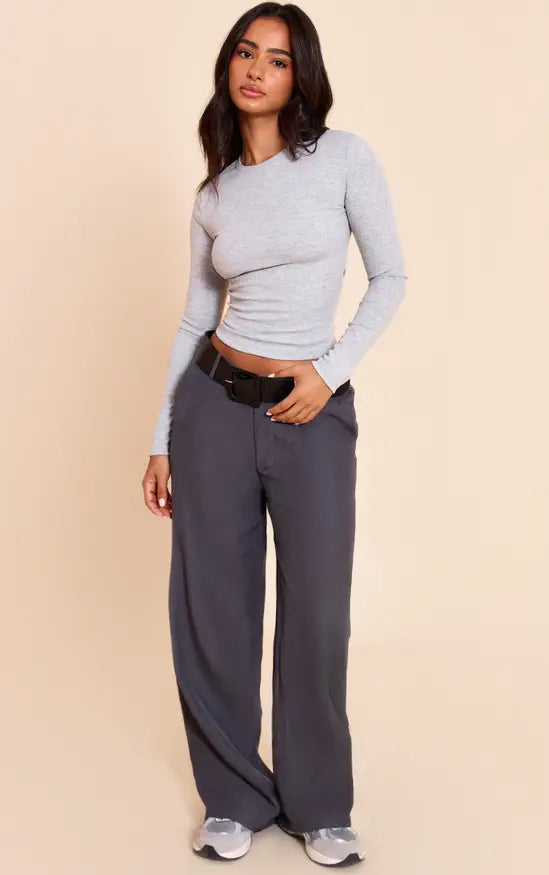 Plt - Petite Grey Marl Soft Rib Crew Neck Long Sleeve Top