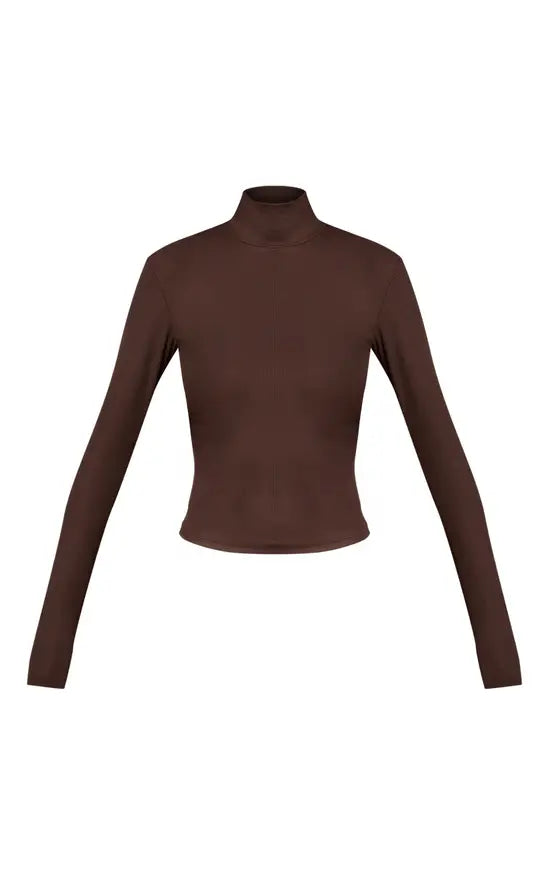 Dark Chocolate Soft Rib High Neck Fitted Long Sleeved Top