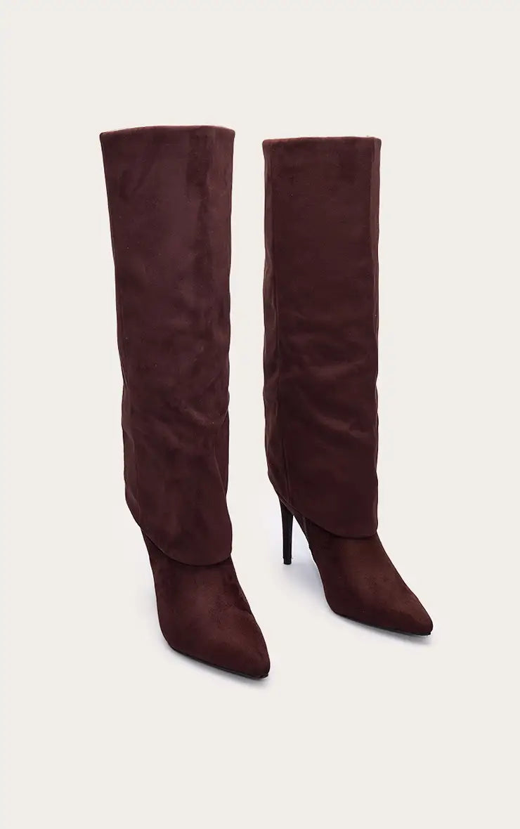 plt Chocolate Faux Suede Point Toe Fold Over High Heeled Calf High Boots