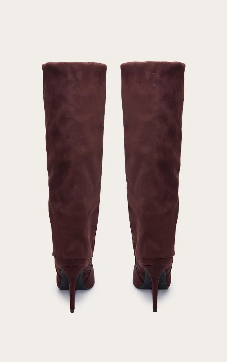 plt Chocolate Faux Suede Point Toe Fold Over High Heeled Calf High Boots
