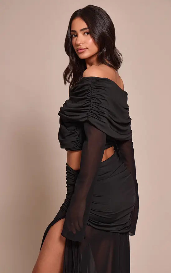 Plt - Petite Black Bardot Twist Front Crop Top Co-ord