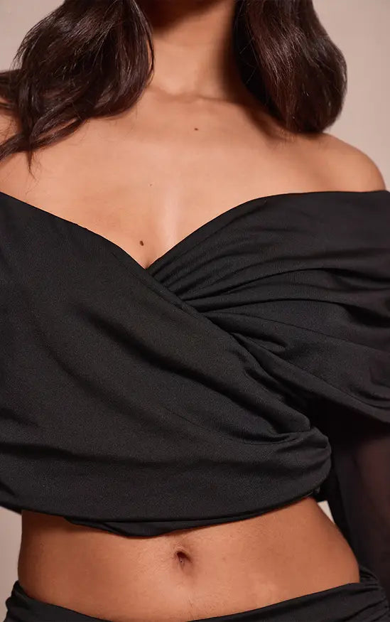 Plt - Petite Black Bardot Twist Front Crop Top Co-ord