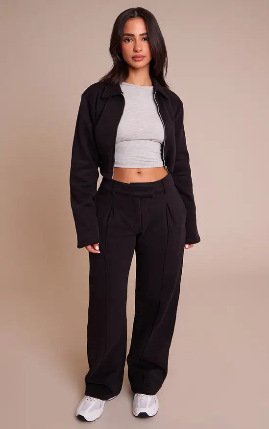 Plt - Petite Black Tailored Seam Detail Wide Leg Joggers