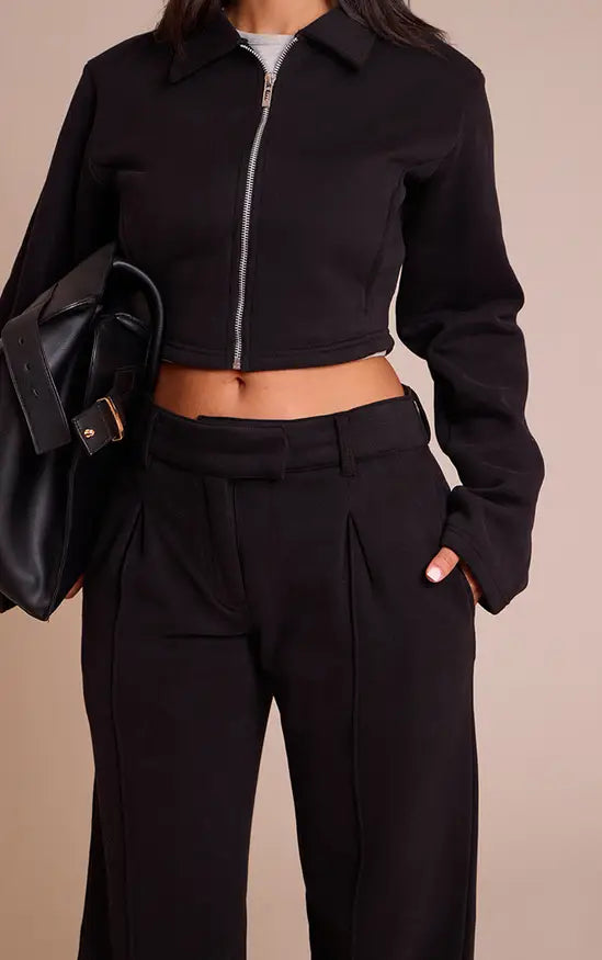 Plt - Petite Black Tailored Seam Detail Wide Leg Joggers